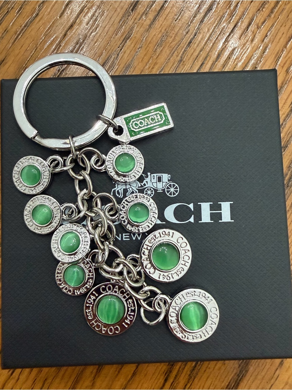 RARE COACH Green Cat-Eye Charm Keychain with Silver-Tone Accents